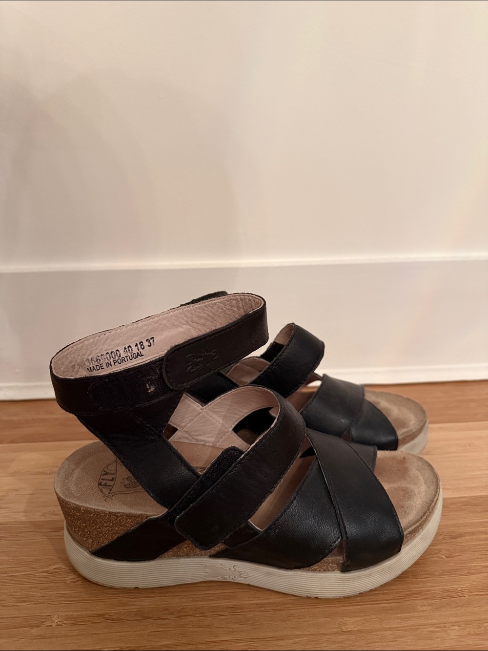 Fly London Black Leather Platform Sandals